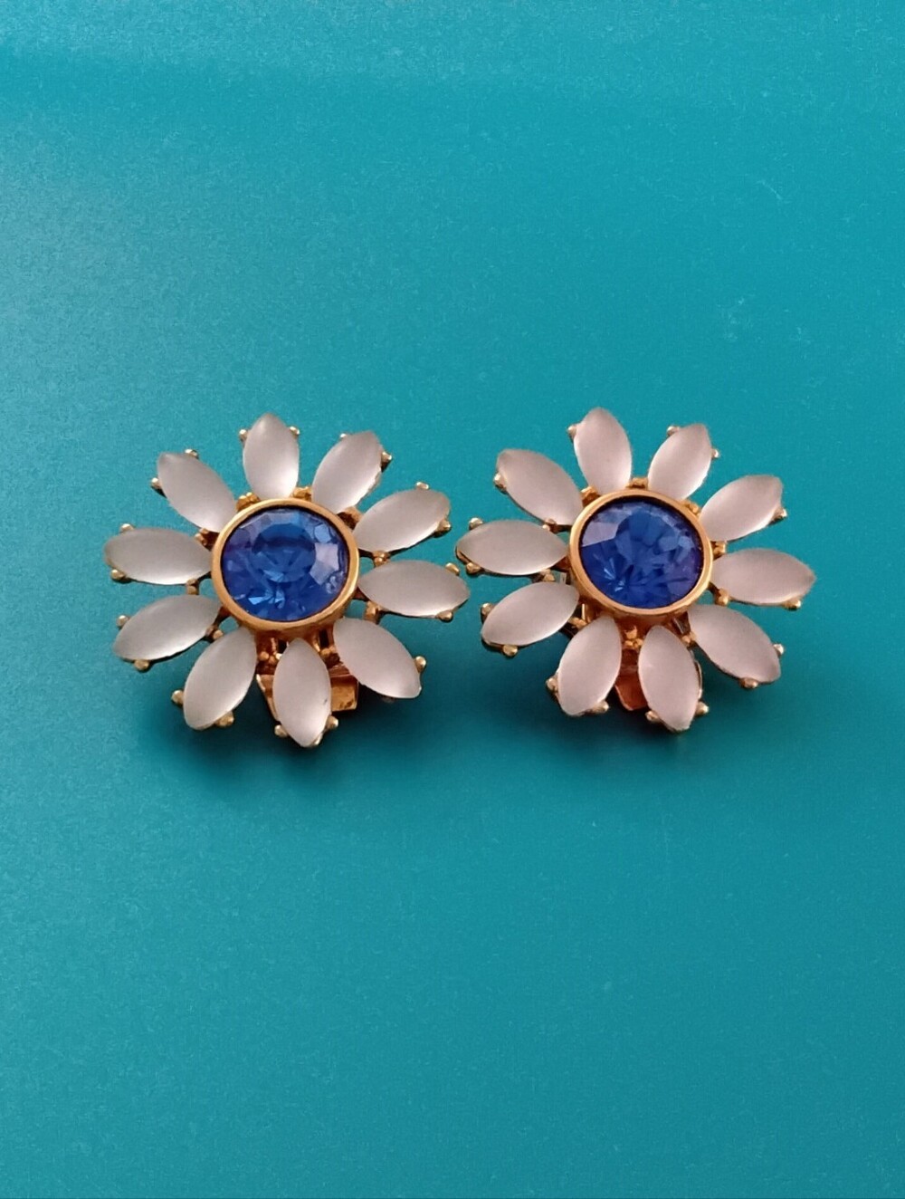 Craft Gold-Tone Flower Clip-On Earrings with Blue Centers and White Petals